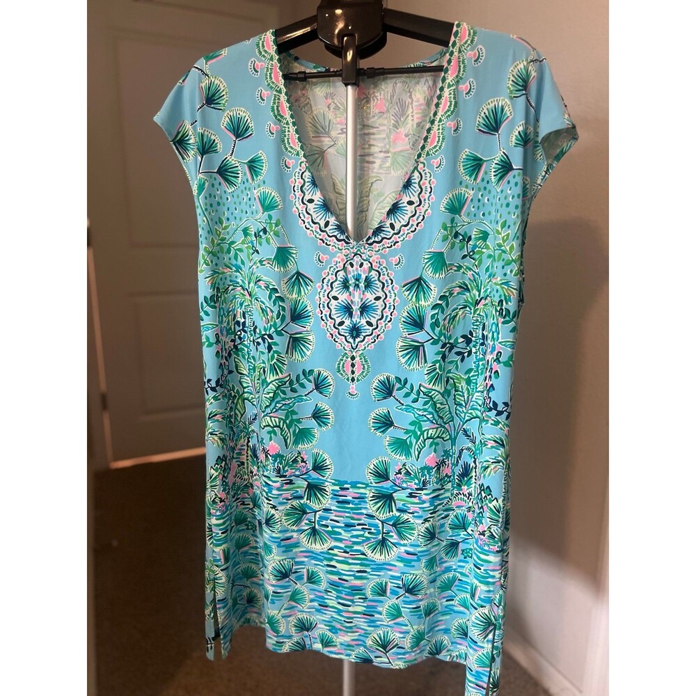 Lilly Pulitzer Tropical Turtle & Palm Tree V-Neck Dress Women’s Size Large - Picture 2 of 11